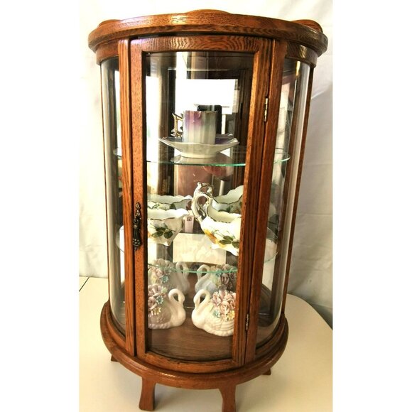 Vintage Wood Curio Cabinet Glass Door Half Round Includes 5 Vintage Figurines - Picture 9 of 9